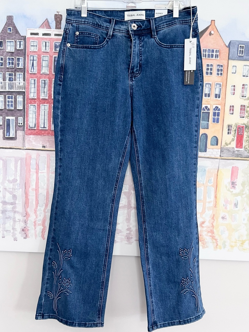 NWT Tribal Audrey Embroidered Soft Blue Flare Jeans